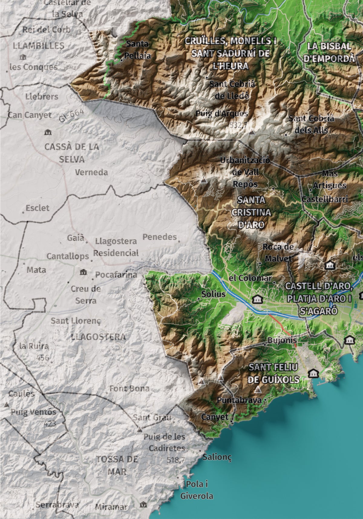 Mapa de relieve del Baix Empordà, con el territorio en color y el entorno en blanco. Detalle de la zona inferior izquierda. 21 × 30 cm. Estilo Clásico.