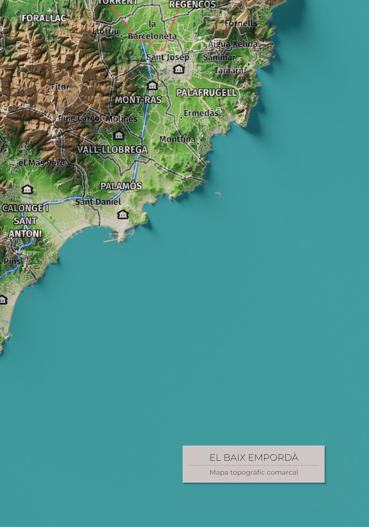 Mapa de relieve del Baix Empordà, con el territorio en color y el entorno en blanco. Detalle de la zona inferior derecha. 21 × 30 cm. Estilo Clásico.