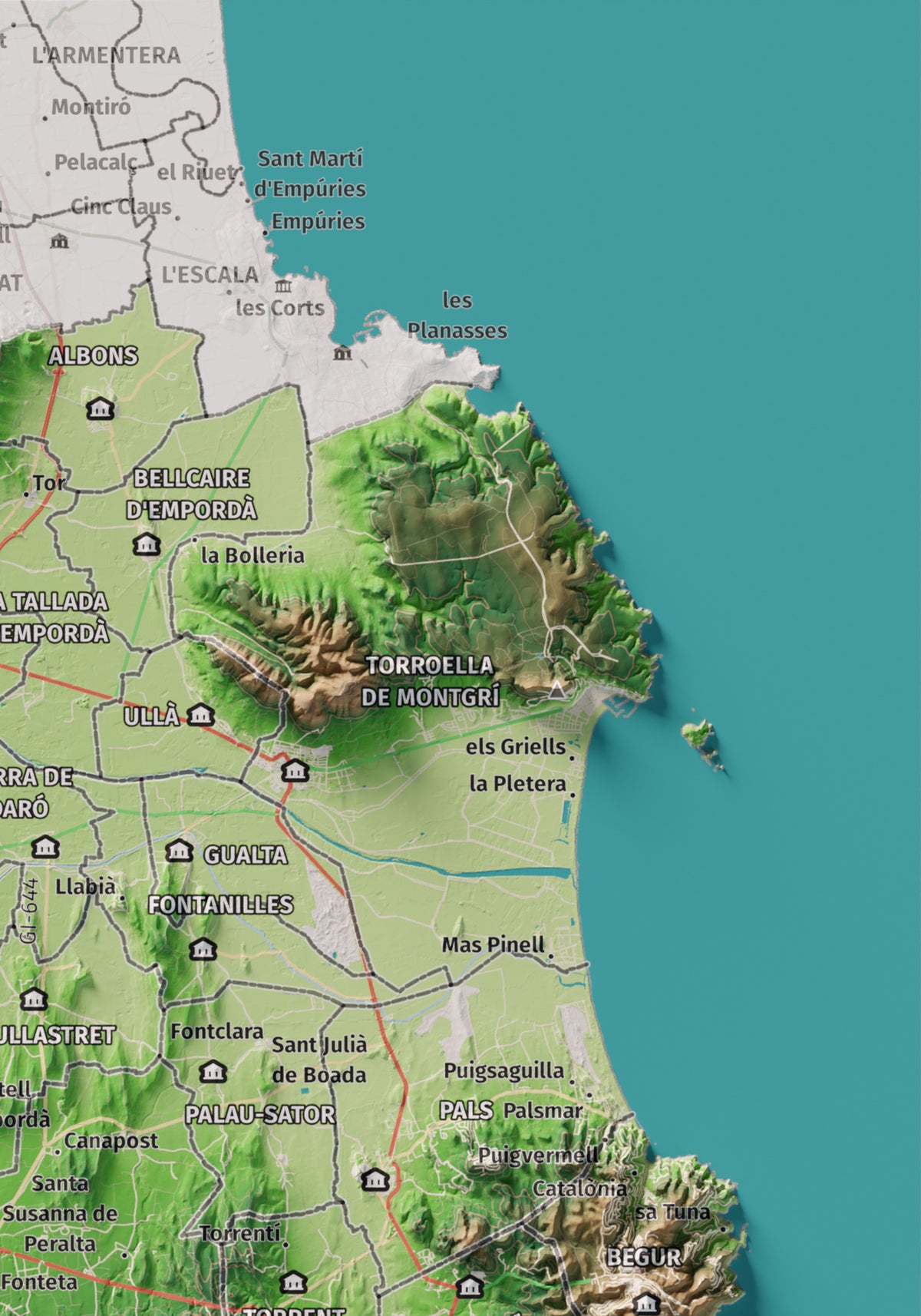 Mapa de relieve del Baix Empordà, con el territorio en color y el entorno en blanco. Detalle de la zona superior derecha. 21 × 30 cm. Estilo Clásico.