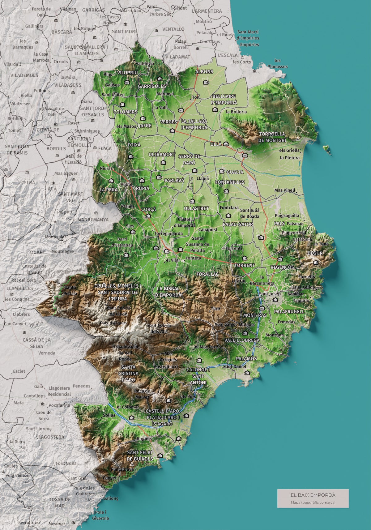 Mapa de relieve del Baix Empordà, con el territorio en color y el entorno en blanco. Vista completa de la lámina. 21 × 30 cm. Estilo Clásico.