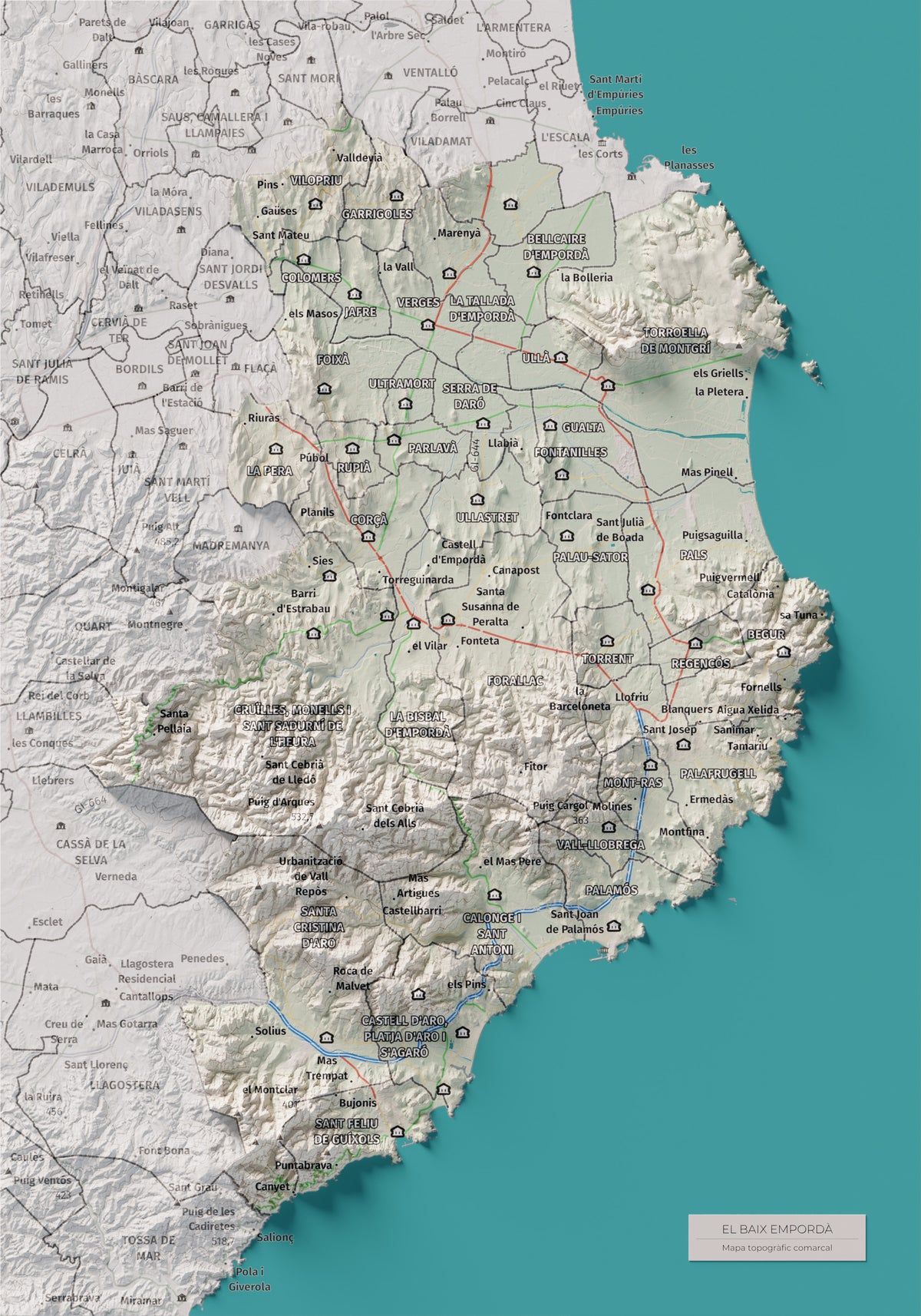 Mapa de relieve del Baix Empordà, con el territorio en color y el entorno en blanco. Vista completa de la lámina. 21 × 30 cm. Estilo Cartográfico.