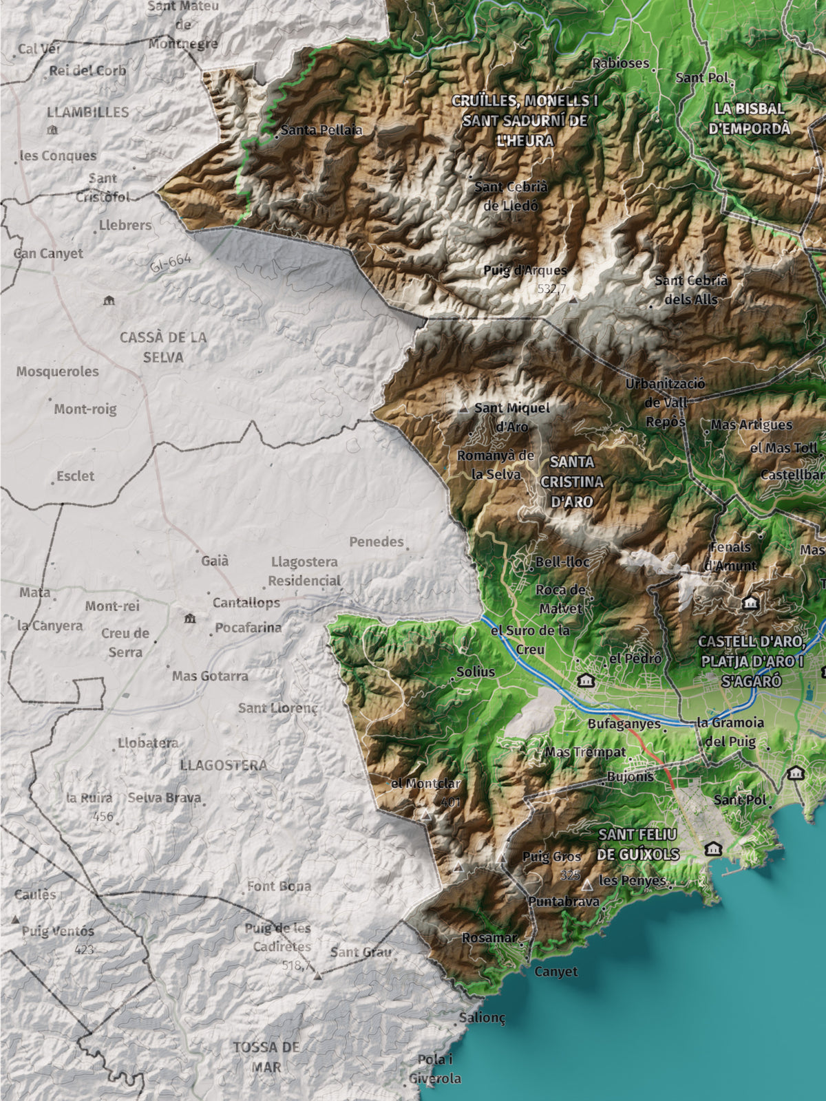 Mapa de relieve del Baix Empordà, con el territorio en color y el entorno en blanco. Detalle de la zona inferior izquierda. 30 × 40 cm. Estilo Clásico.
