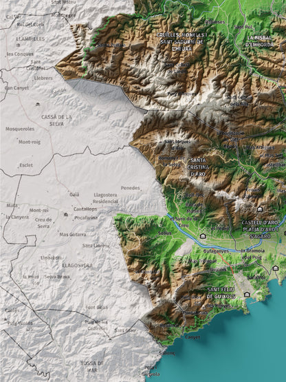 Mapa de relieve del Baix Empordà, con el territorio en color y el entorno en blanco. Detalle de la zona inferior izquierda. 30 × 40 cm. Estilo Clásico.