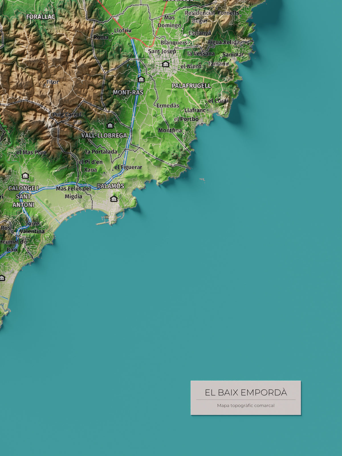 Mapa de relieve del Baix Empordà, con el territorio en color y el entorno en blanco. Detalle de la zona inferior derecha. 30 × 40 cm. Estilo Clásico.