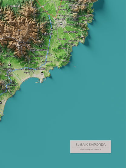 Mapa de relieve del Baix Empordà, con el territorio en color y el entorno en blanco. Detalle de la zona inferior derecha. 30 × 40 cm. Estilo Clásico.