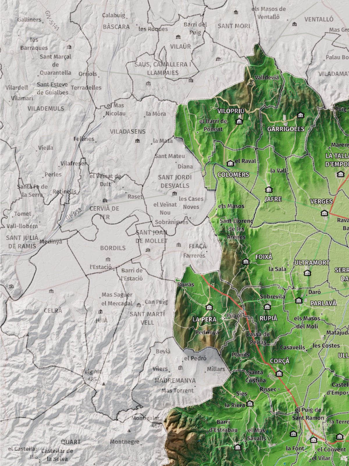 Mapa de relieve del Baix Empordà, con el territorio en color y el entorno en blanco. Detalle de la zona superior izquierda. 30 × 40 cm. Estilo Clásico.