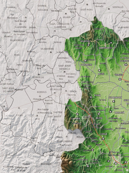 Mapa de relieve del Baix Empordà, con el territorio en color y el entorno en blanco. Detalle de la zona superior izquierda. 30 × 40 cm. Estilo Clásico.