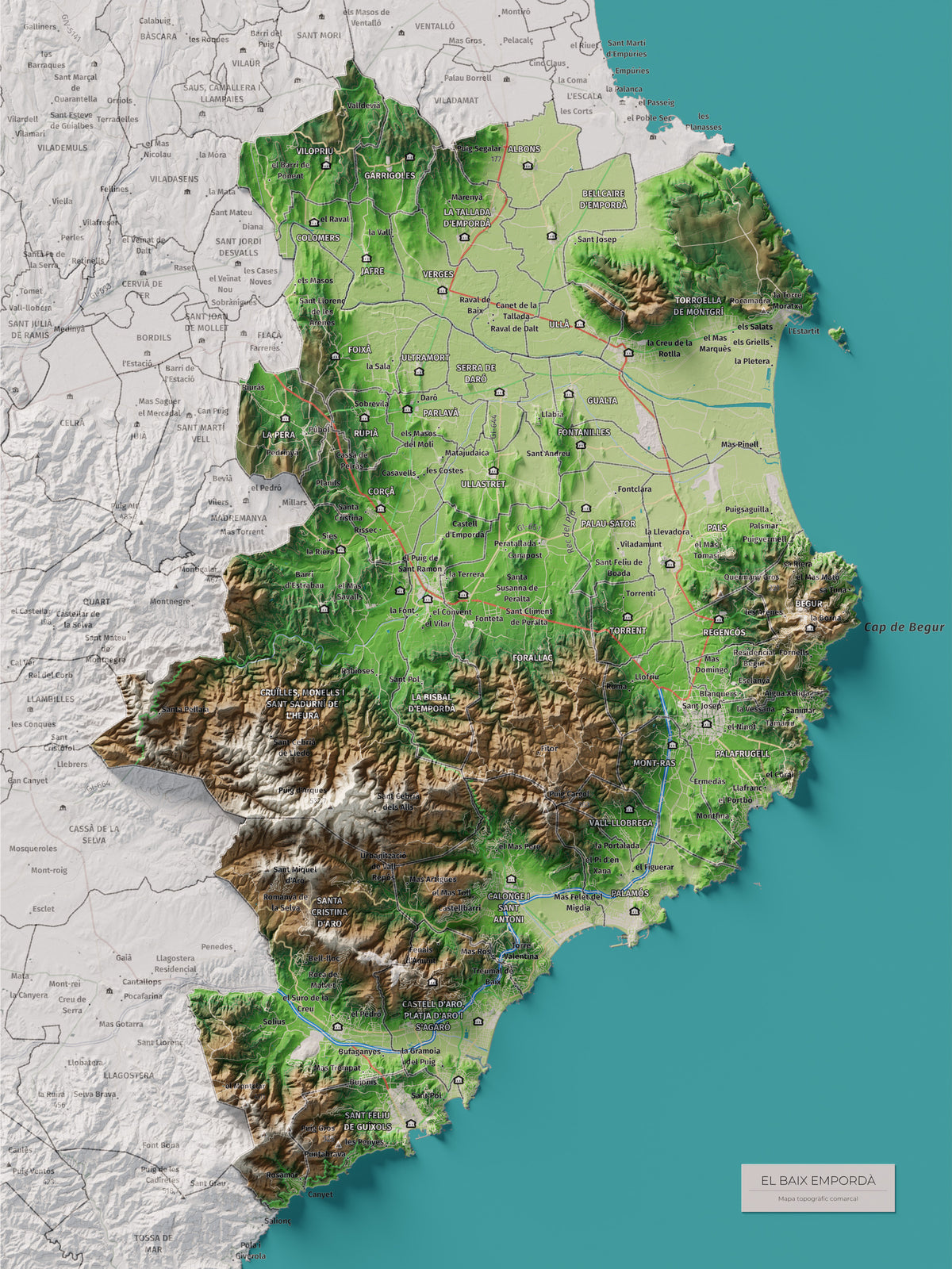 Mapa de relieve del Baix Empordà, con el territorio en color y el entorno en blanco. Vista completa de la lámina. 30 × 40 cm. Estilo Clásico.