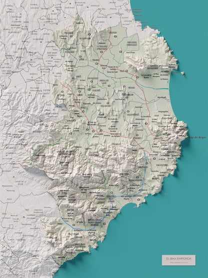 Mapa de relieve del Baix Empordà, con el territorio en color y el entorno en blanco. Vista completa de la lámina. 30 × 40 cm. Estilo Cartográfico.