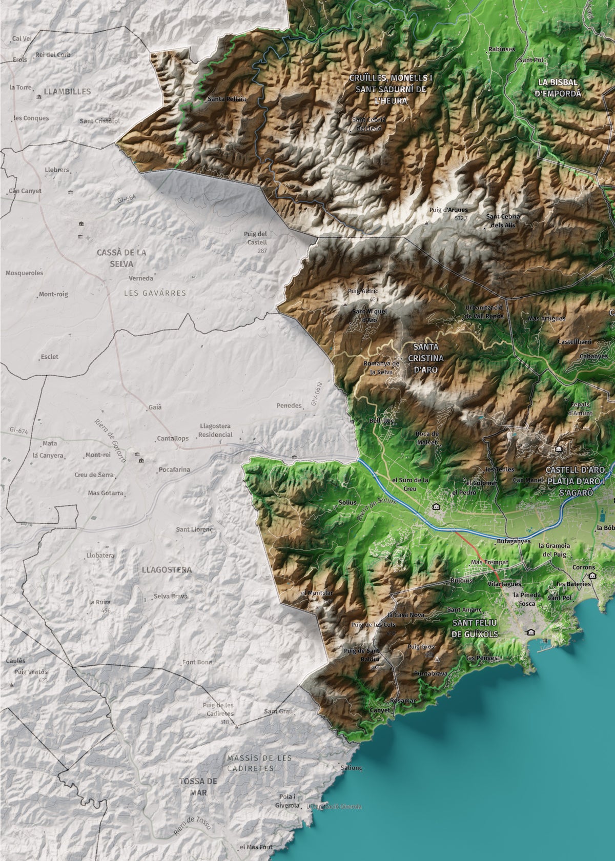 Mapa de relieve del Baix Empordà, con el territorio en color y el entorno en blanco. Detalle de la zona inferior izquierda. 50 × 70 cm. Estilo Clásico.