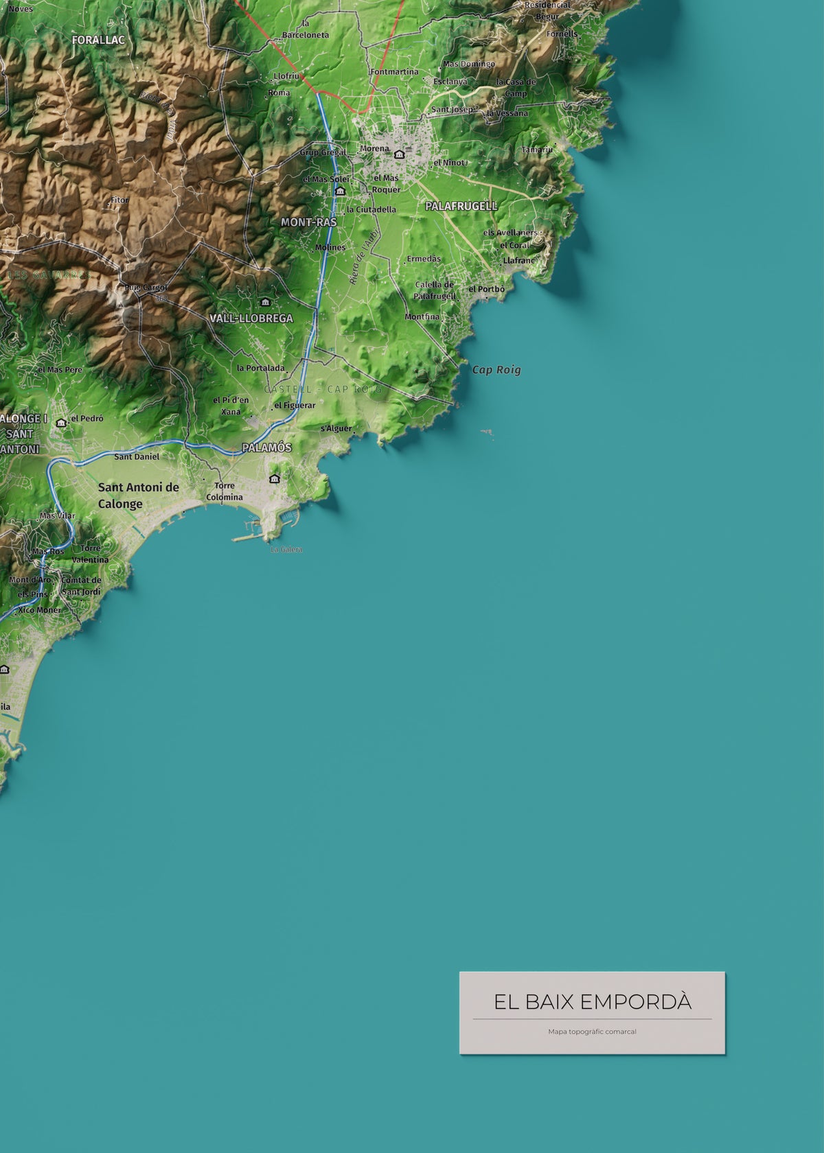 Mapa de relieve del Baix Empordà, con el territorio en color y el entorno en blanco. Detalle de la zona inferior derecha. 50 × 70 cm. Estilo Clásico.