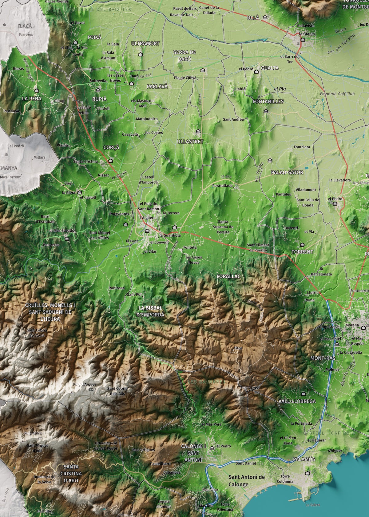Mapa de relieve del Baix Empordà, con el territorio en color y el entorno en blanco. Detalle de la zona central. 50 × 70 cm. Estilo Clásico.