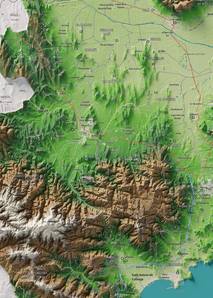 Mapa de relieve del Baix Empordà, con el territorio en color y el entorno en blanco. Detalle de la zona central. 50 × 70 cm. Estilo Clásico.