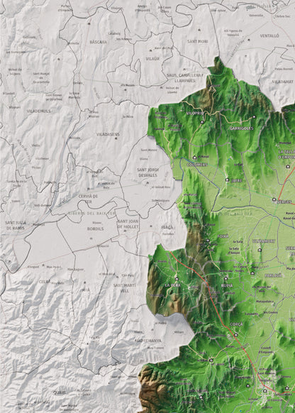 Mapa de relieve del Baix Empordà, con el territorio en color y el entorno en blanco. Detalle de la zona superior izquierda. 50 × 70 cm. Estilo Clásico.