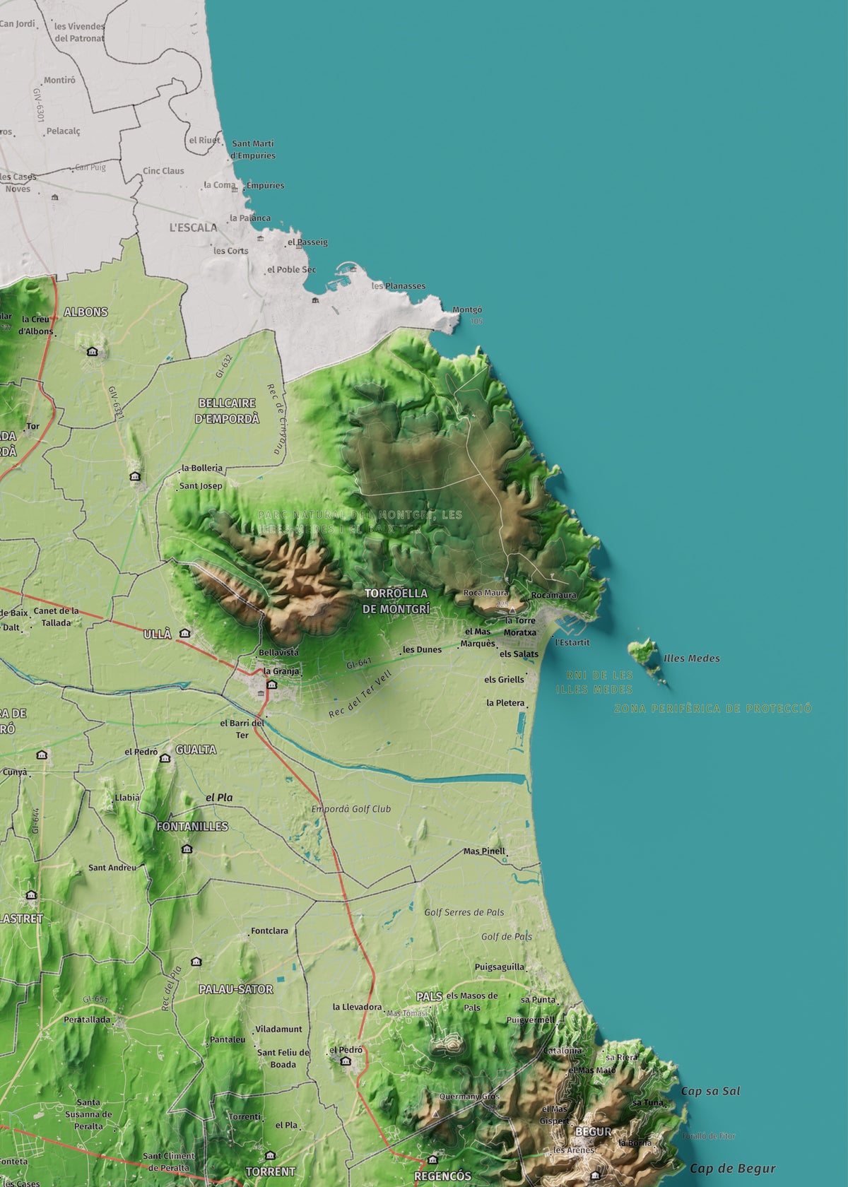 Mapa de relieve del Baix Empordà, con el territorio en color y el entorno en blanco. Detalle de la zona superior derecha. 50 × 70 cm. Estilo Clásico.