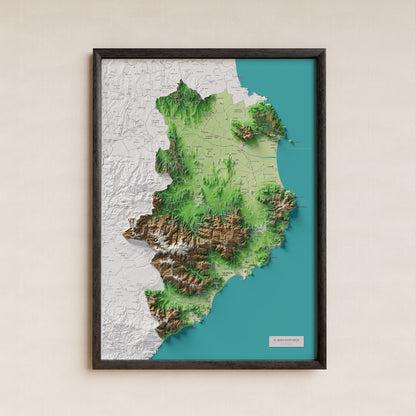 Mapa de relieve del Baix Empordà, con el territorio en color y el entorno en blanco. Presentación con marco. 50 × 70 cm. Estilo Clásico.