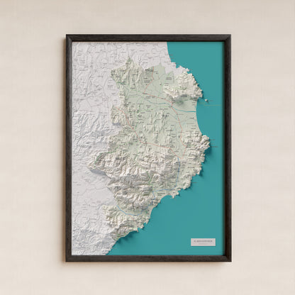 Mapa de relieve del Baix Empordà, con el territorio en color y el entorno en blanco. Presentación con marco. 50 × 70 cm. Estilo Cartográfico.