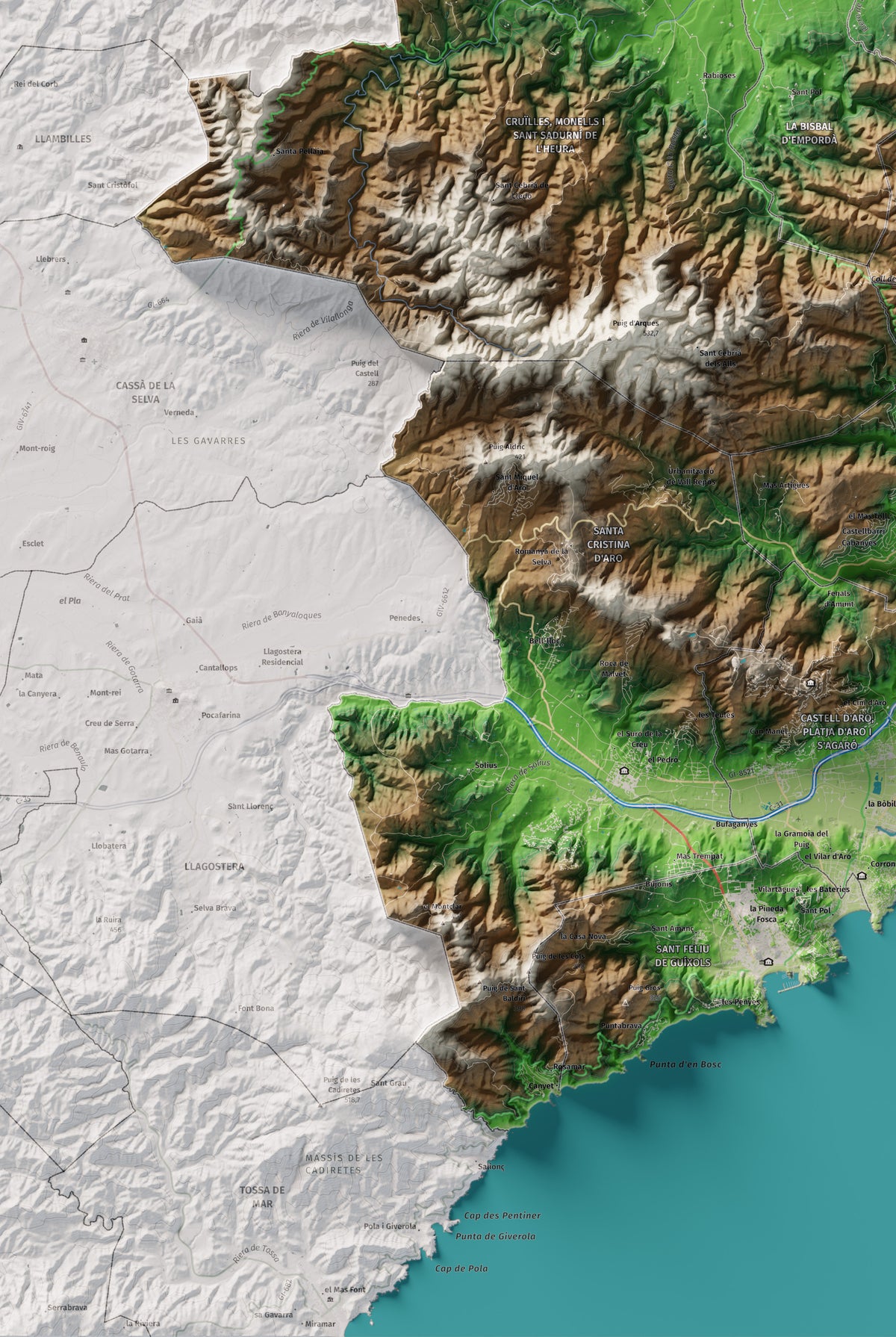 Mapa de relieve del Baix Empordà, con el territorio en color y el entorno en blanco. Detalle de la zona inferior izquierda. 61 × 91 cm. Estilo Clásico.