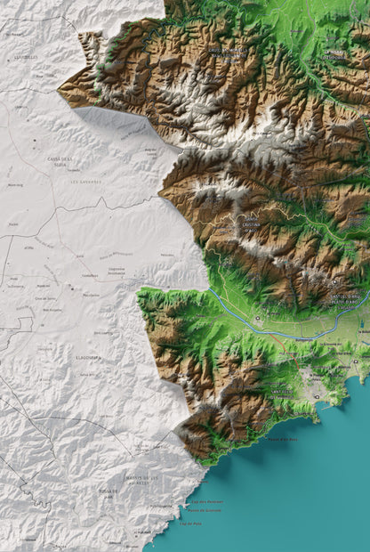 Mapa de relieve del Baix Empordà, con el territorio en color y el entorno en blanco. Detalle de la zona inferior izquierda. 61 × 91 cm. Estilo Clásico.