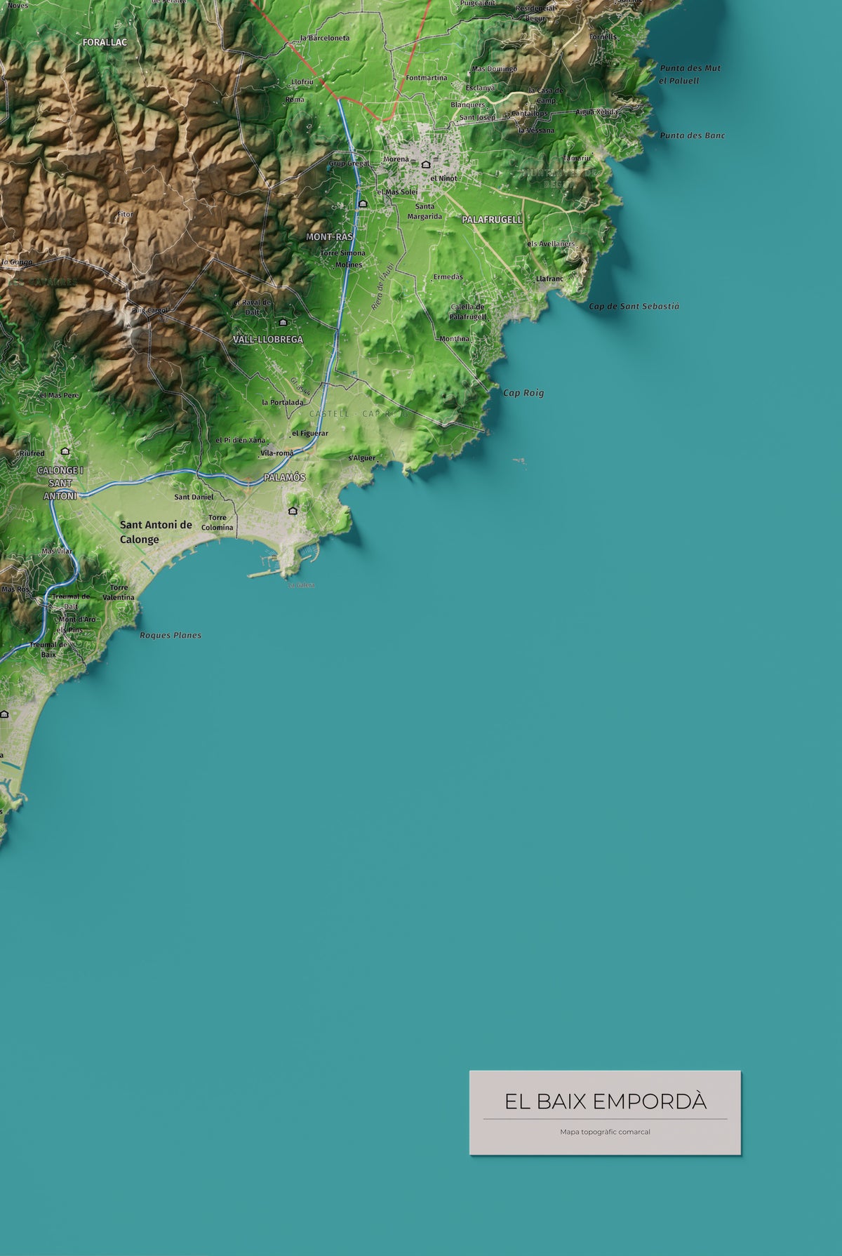Mapa de relieve del Baix Empordà, con el territorio en color y el entorno en blanco. Detalle de la zona inferior derecha. 61 × 91 cm. Estilo Clásico.