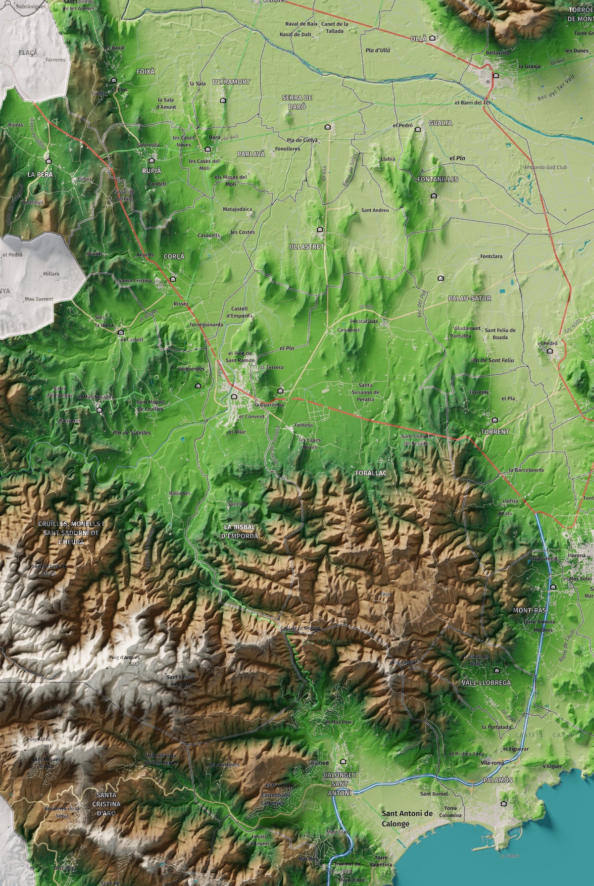 Mapa de relieve del Baix Empordà, con el territorio en color y el entorno en blanco. Detalle de la zona central. 61 × 91 cm. Estilo Clásico.