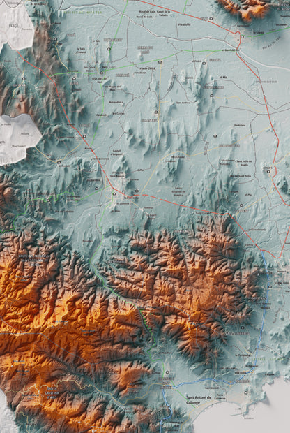Mapa de relieve del Baix Empordà, con el territorio en color y el entorno en blanco. Detalle de la zona central. 61 × 91 cm. Estilo Azul y naranja.