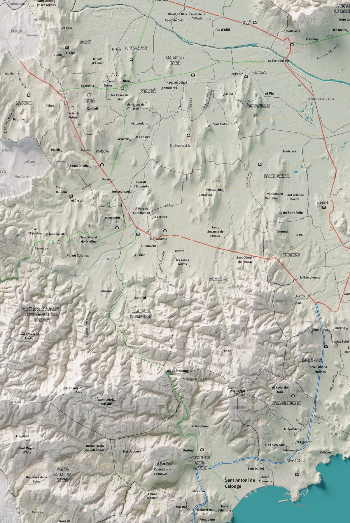 Mapa de relieve del Baix Empordà, con el territorio en color y el entorno en blanco. Detalle de la zona central. 61 × 91 cm. Estilo Cartográfico.