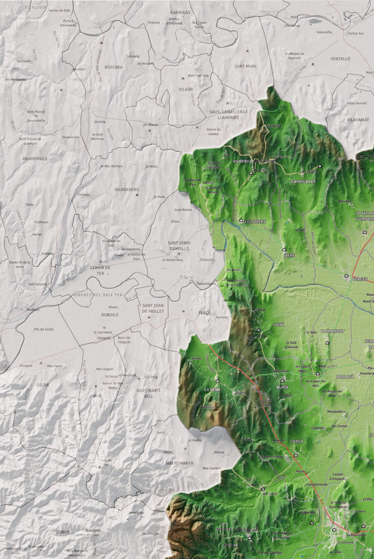Mapa de relieve del Baix Empordà, con el territorio en color y el entorno en blanco. Detalle de la zona superior izquierda. 61 × 91 cm. Estilo Clásico.