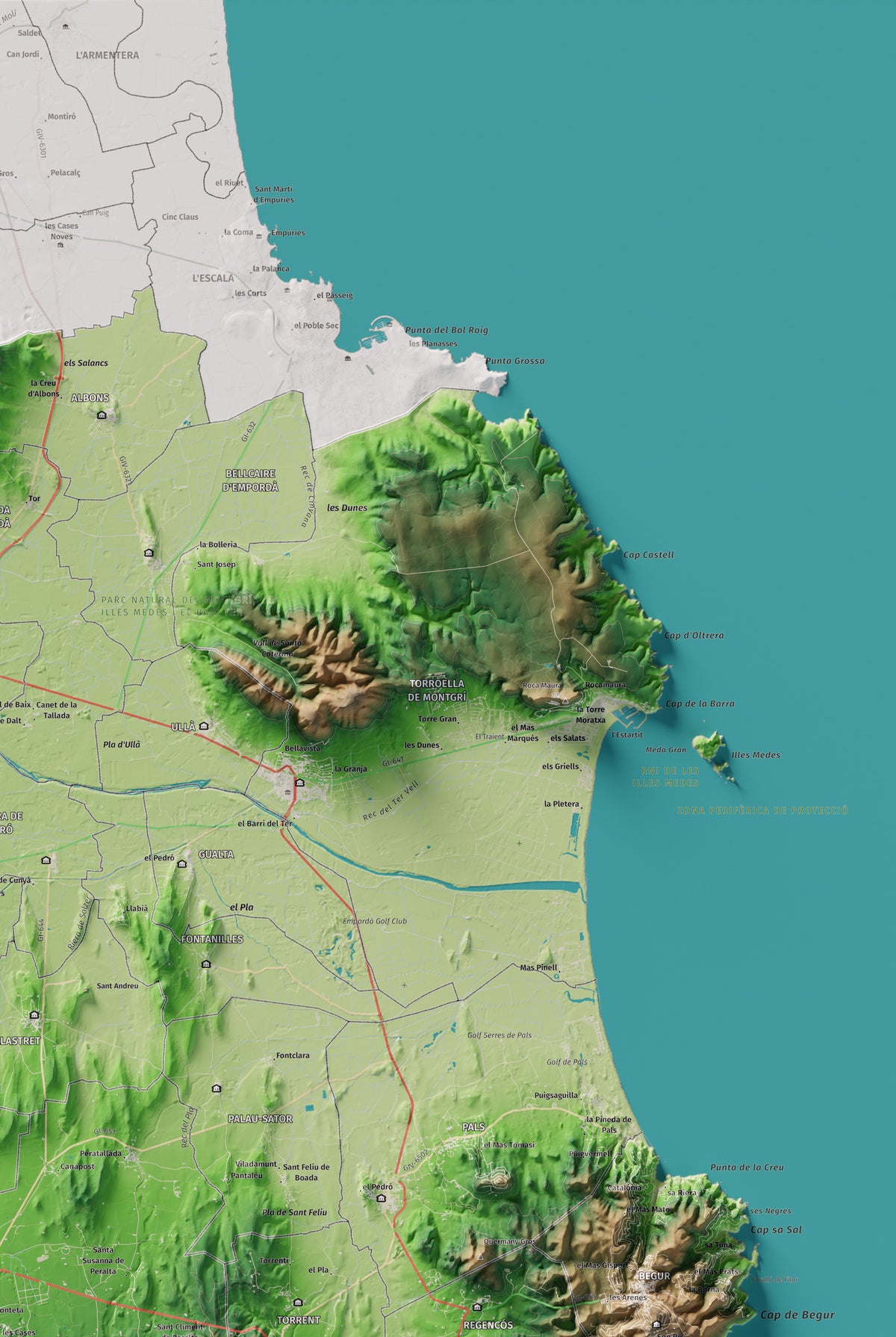 Mapa de relieve del Baix Empordà, con el territorio en color y el entorno en blanco. Detalle de la zona superior derecha. 61 × 91 cm. Estilo Clásico.