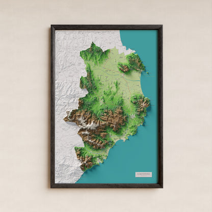Mapa de relieve del Baix Empordà, con el territorio en color y el entorno en blanco. Presentación con marco. 61 × 91 cm. Estilo Clásico.
