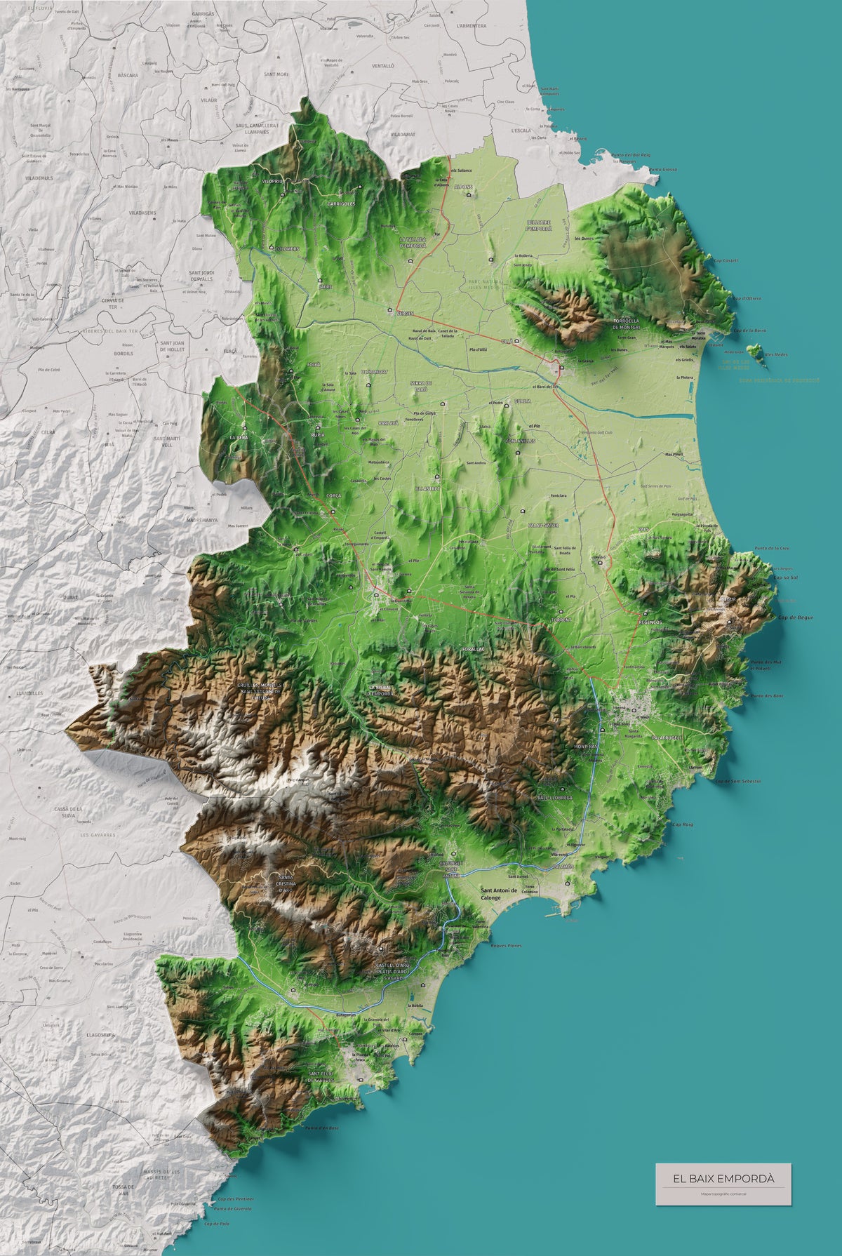 Mapa de relieve del Baix Empordà, con el territorio en color y el entorno en blanco. Vista completa de la lámina. 61 × 91 cm. Estilo Clásico.