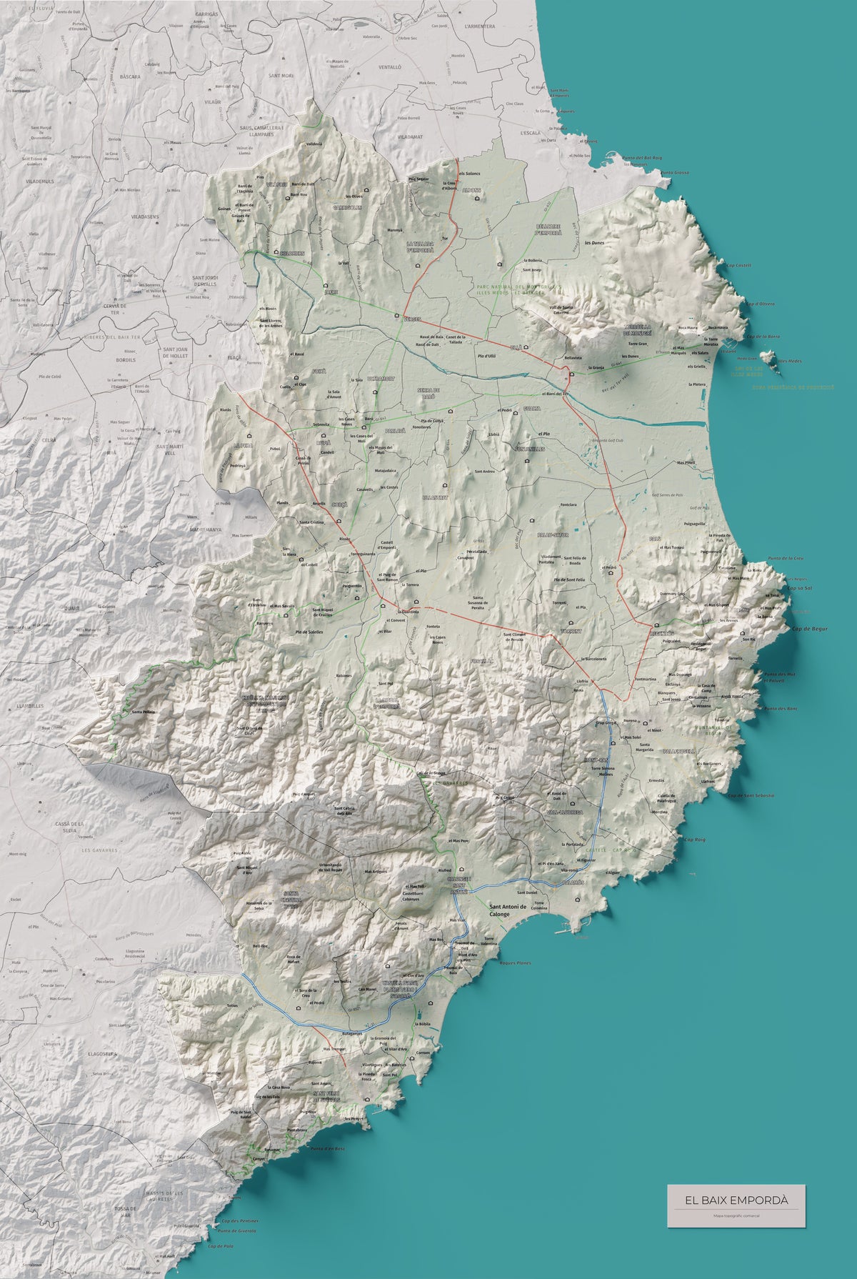 Mapa de relieve del Baix Empordà, con el territorio en color y el entorno en blanco. Vista completa de la lámina. 61 × 91 cm. Estilo Cartográfico.