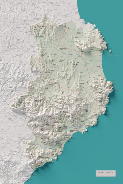 Mapa de relieve del Baix Empordà, con el territorio en color y el entorno en blanco. Vista completa de la lámina. 61 × 91 cm. Estilo Cartográfico.