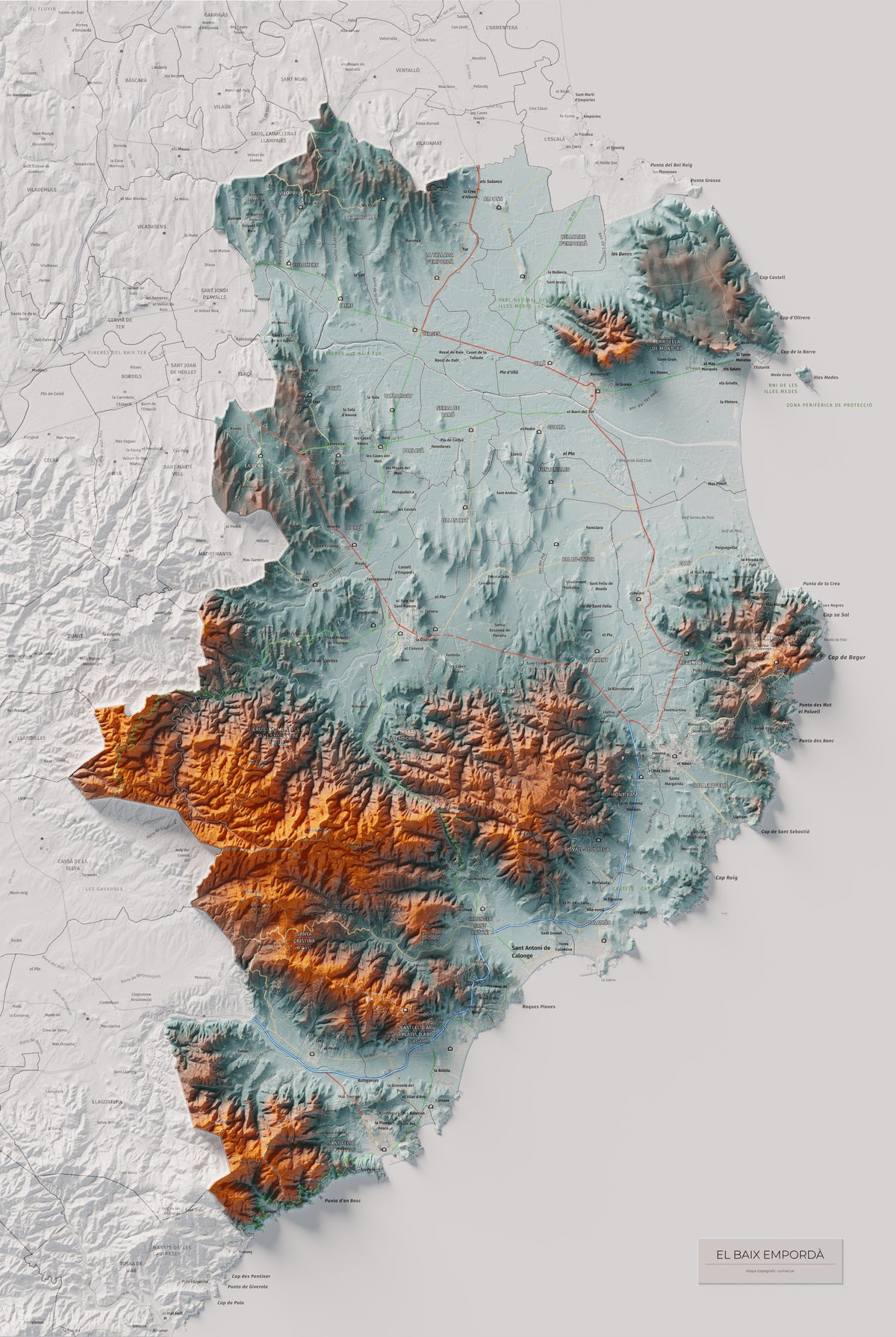 Mapa de relieve del Baix Empordà, con el territorio en color y el entorno en blanco. Vista completa de la lámina. 61 × 91 cm. Estilo Azul y naranja.