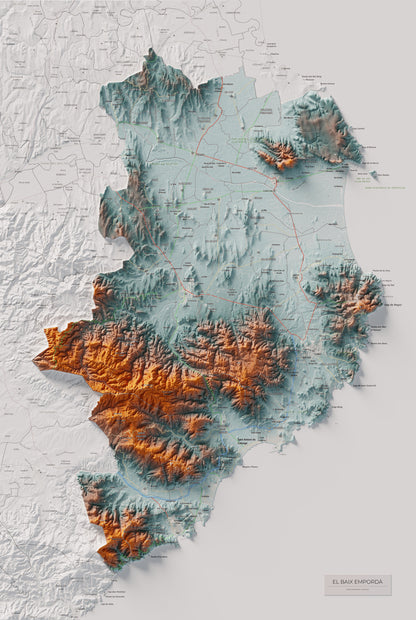 Mapa de relieve del Baix Empordà, con el territorio en color y el entorno en blanco. Vista completa de la lámina. 61 × 91 cm. Estilo Azul y naranja.