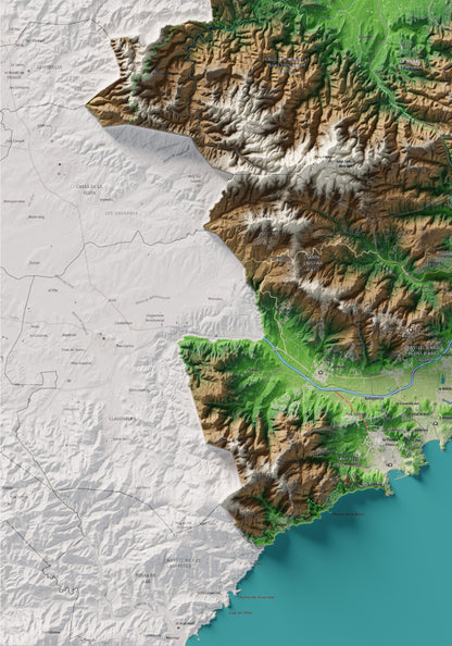 Mapa de relieve del Baix Empordà, con el territorio en color y el entorno en blanco. Detalle de la zona inferior izquierda. 70 × 100 cm. Estilo Clásico.
