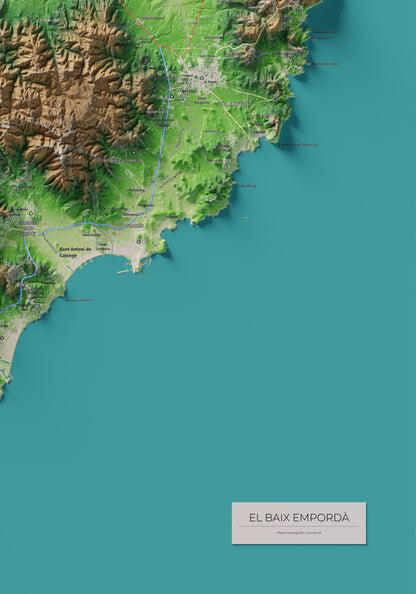 Mapa de relieve del Baix Empordà, con el territorio en color y el entorno en blanco. Detalle de la zona inferior derecha. 70 × 100 cm. Estilo Clásico.