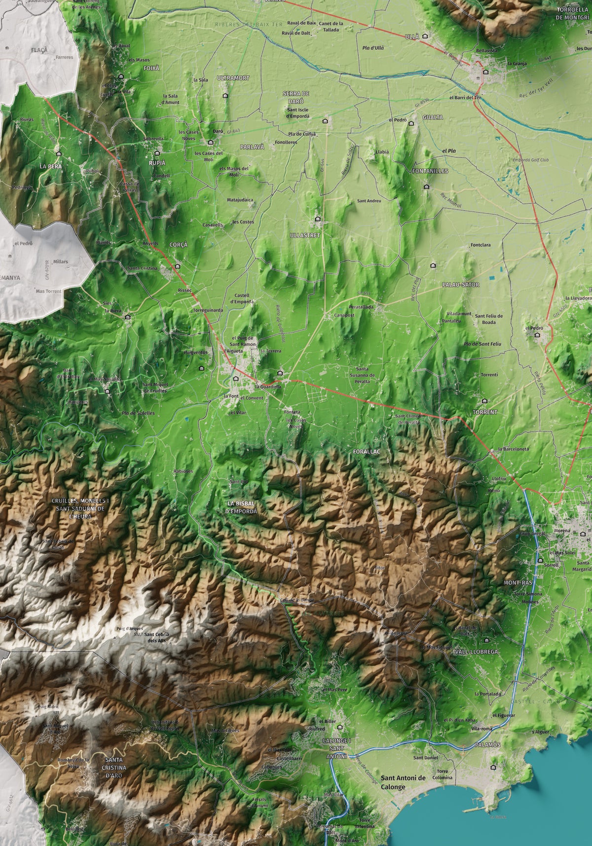 Mapa de relieve del Baix Empordà, con el territorio en color y el entorno en blanco. Detalle de la zona central. 70 × 100 cm. Estilo Clásico.