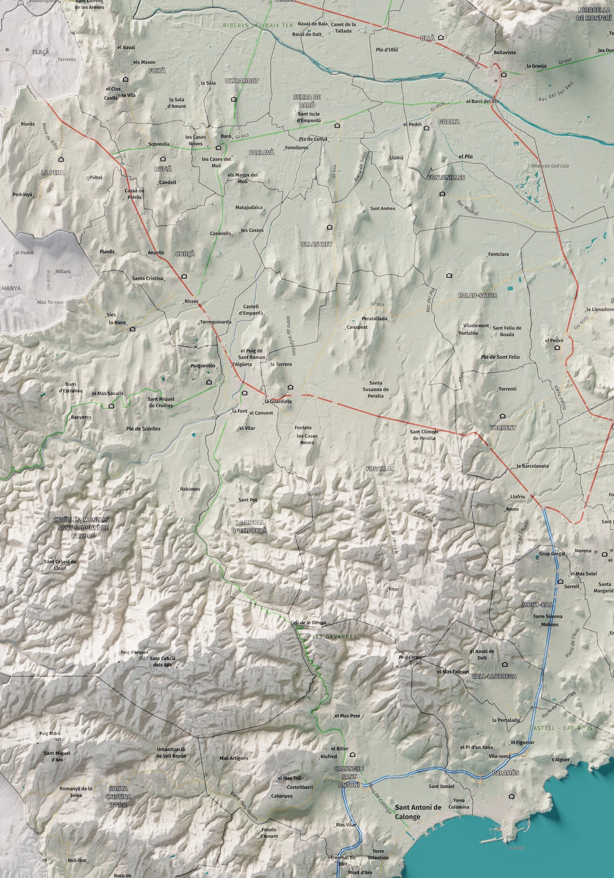 Mapa de relieve del Baix Empordà, con el territorio en color y el entorno en blanco. Detalle de la zona central. 70 × 100 cm. Estilo Cartográfico.