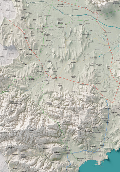 Mapa de relieve del Baix Empordà, con el territorio en color y el entorno en blanco. Detalle de la zona central. 70 × 100 cm. Estilo Cartográfico.