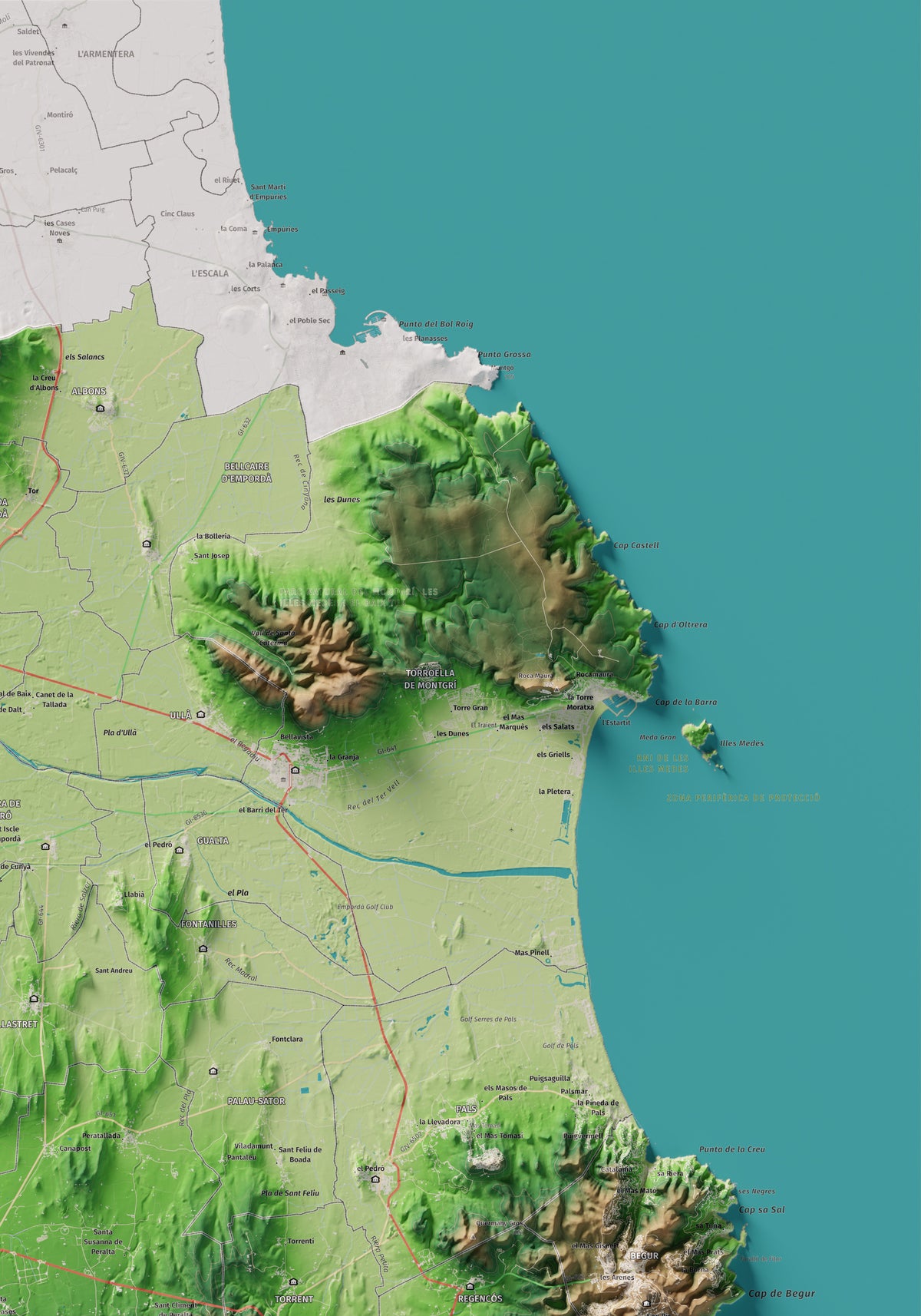 Mapa de relieve del Baix Empordà, con el territorio en color y el entorno en blanco. Detalle de la zona superior derecha. 70 × 100 cm. Estilo Clásico.