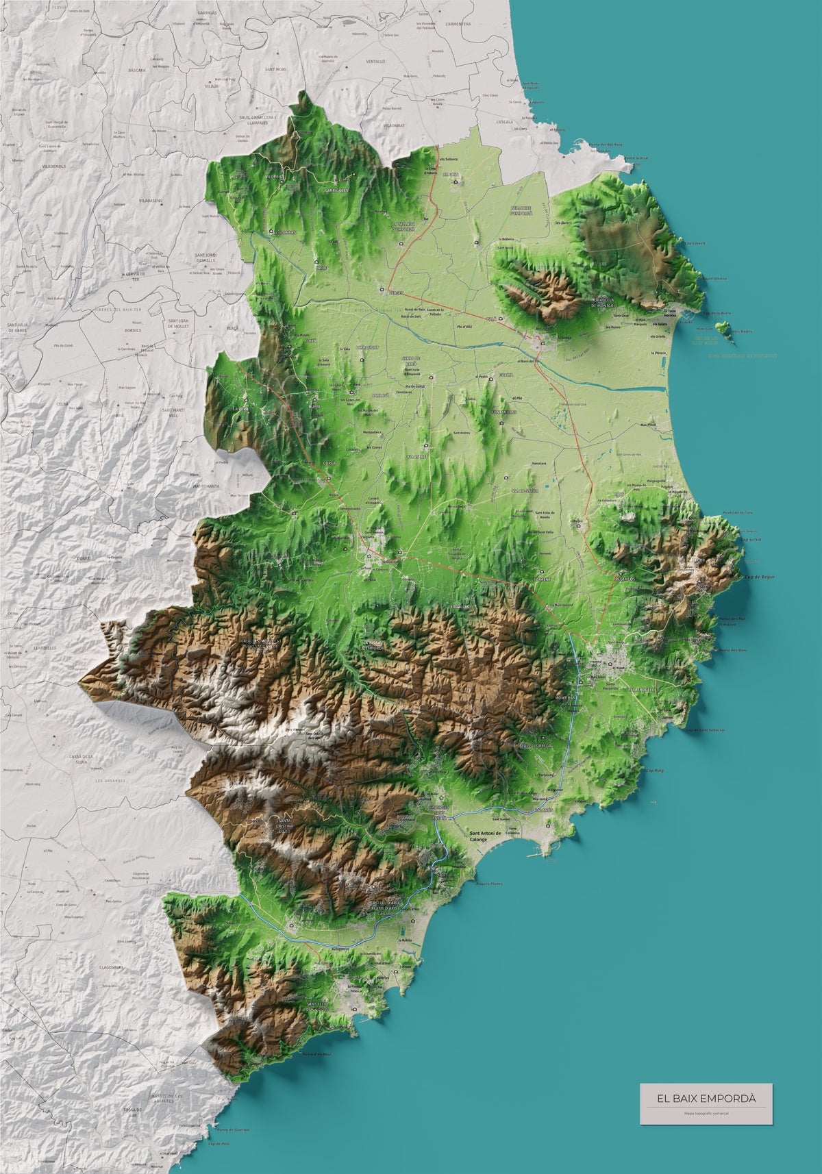 Mapa de relieve del Baix Empordà, con el territorio en color y el entorno en blanco. Vista completa de la lámina. 70 × 100 cm. Estilo Clásico.