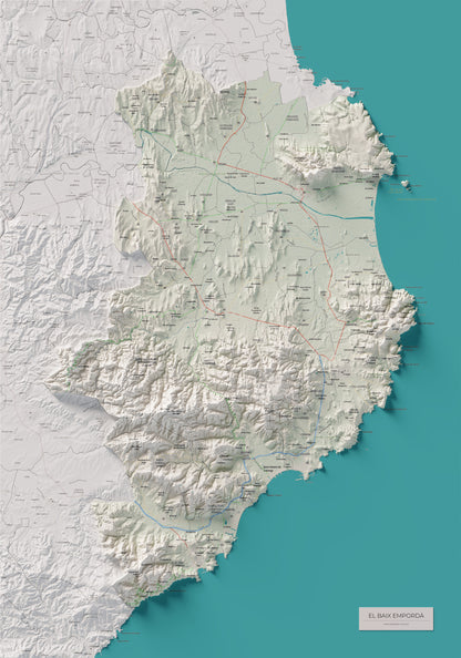 Mapa de relieve del Baix Empordà, con el territorio en color y el entorno en blanco. Vista completa de la lámina. 70 × 100 cm. Estilo Cartográfico.