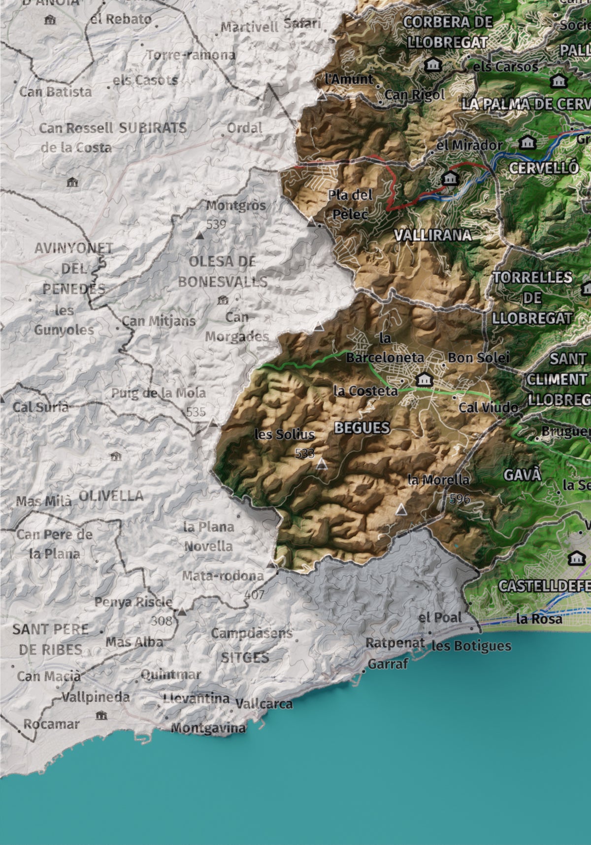 Mapa de relleu del Baix Llobregat, amb el territori en color i l’entorn en blanc. Detall de la part inferior esquerra. 21 × 30 cm. Estil Clàssic.