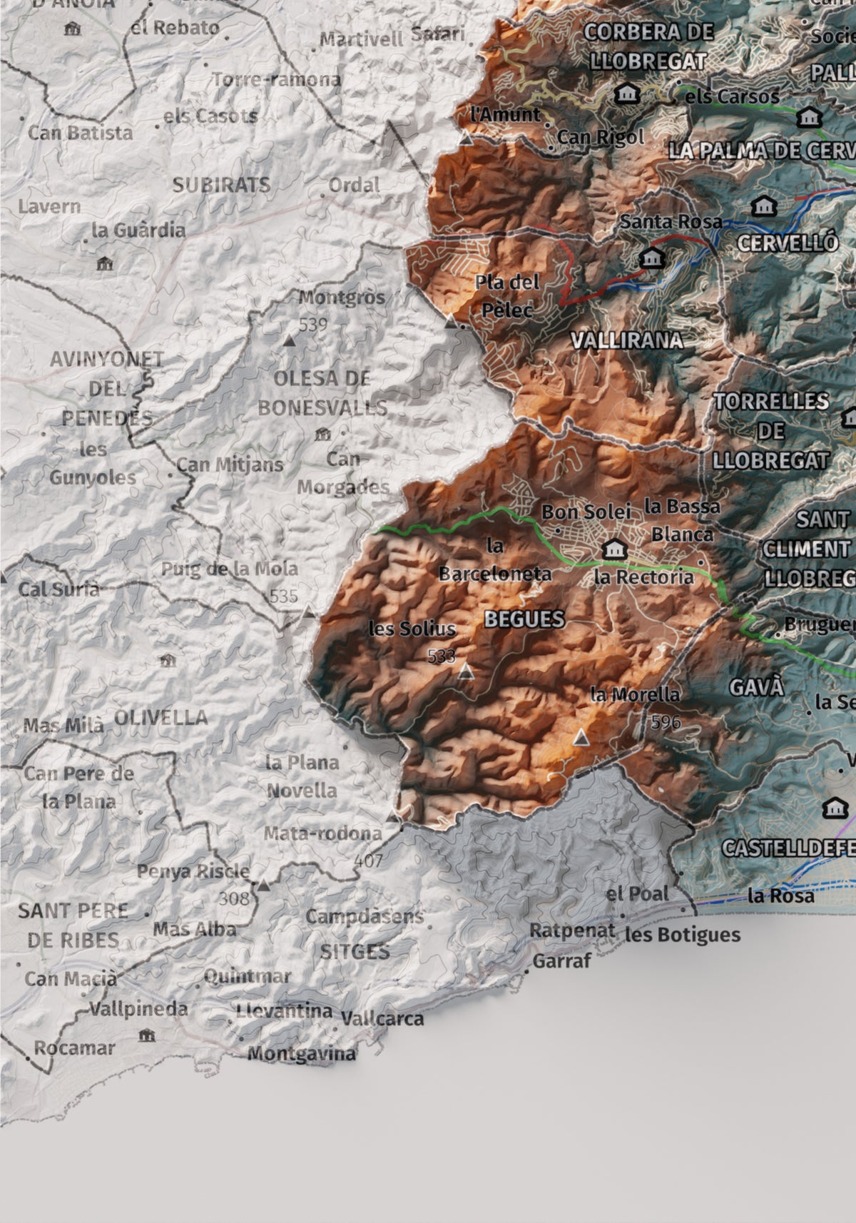 Mapa de relleu del Baix Llobregat, amb el territori en color i l’entorn en blanc. Detall de la part inferior esquerra. 21 × 30 cm. Estil Blau i taronja.