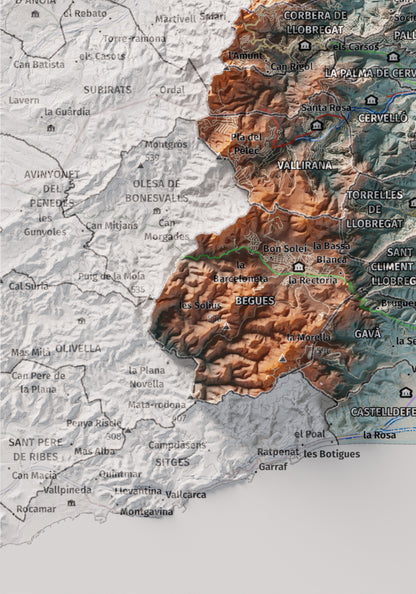 Mapa de relleu del Baix Llobregat, amb el territori en color i l’entorn en blanc. Detall de la part inferior esquerra. 21 × 30 cm. Estil Blau i taronja.