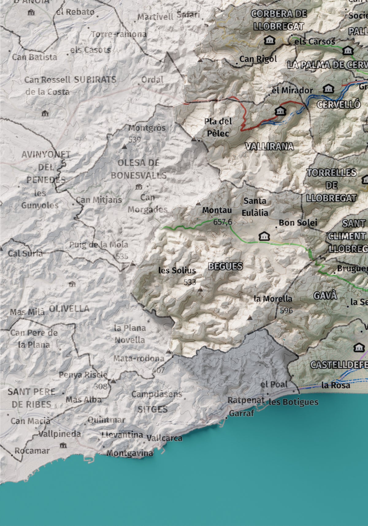 Mapa de relleu del Baix Llobregat, amb el territori en color i l’entorn en blanc. Detall de la part inferior esquerra. 21 × 30 cm. Estil Cartogràfic.