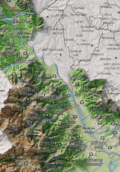 Mapa de relleu del Baix Llobregat, amb el territori en color i l’entorn en blanc. Detall de la part central. 21 × 30 cm. Estil Clàssic.