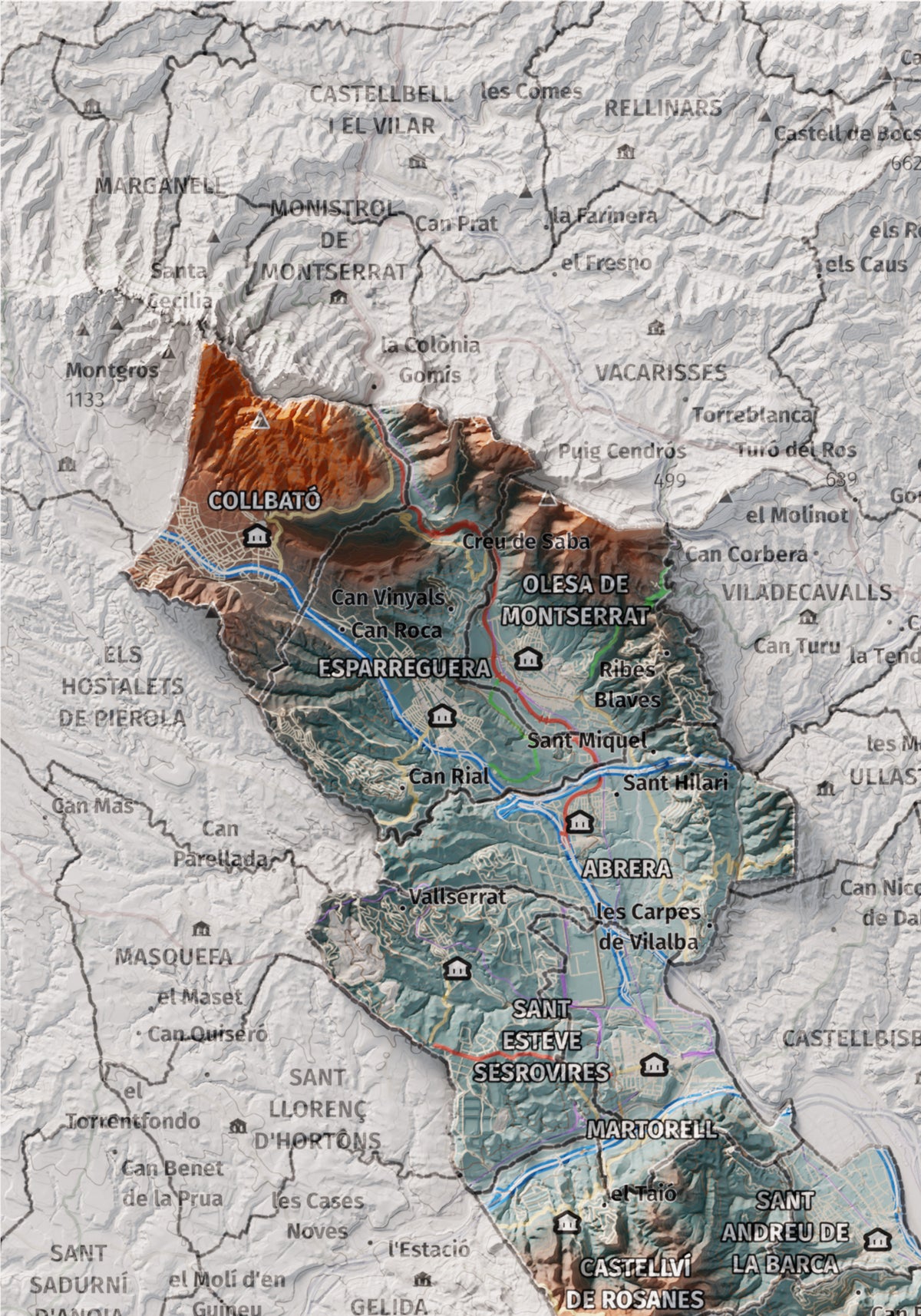 Mapa de relleu del Baix Llobregat, amb el territori en color i l’entorn en blanc. Detall de la part superior esquerra. 21 × 30 cm. Estil Blau i taronja.