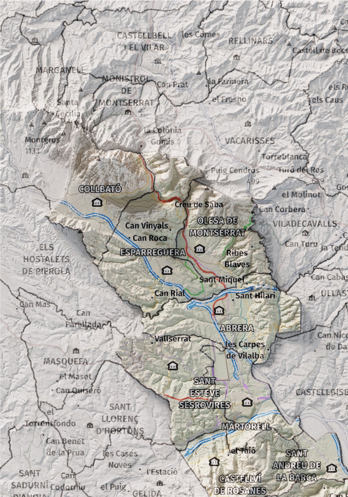 Mapa de relleu del Baix Llobregat, amb el territori en color i l’entorn en blanc. Detall de la part superior esquerra. 21 × 30 cm. Estil Cartogràfic.